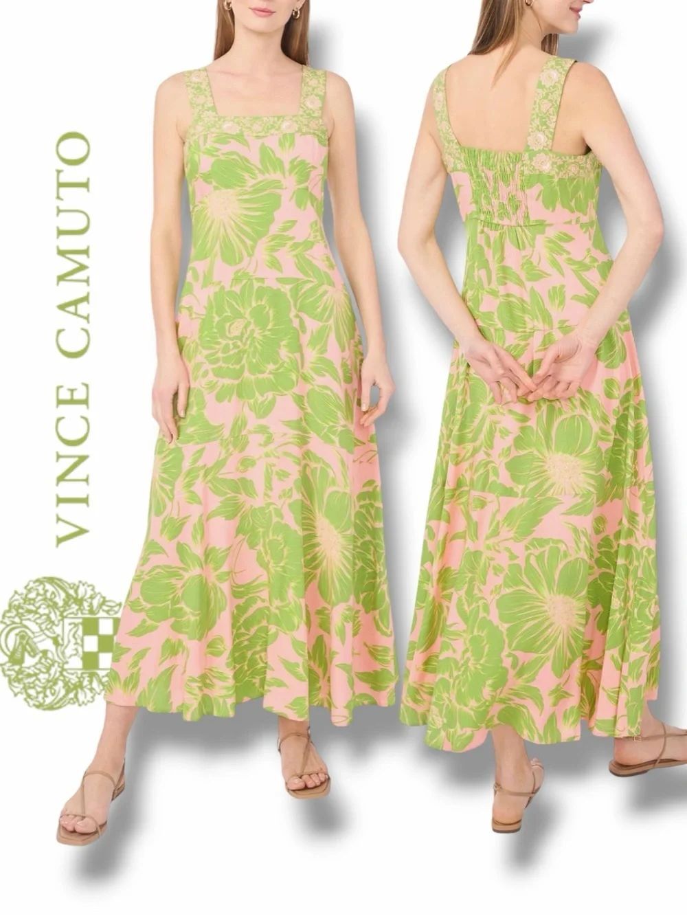 Vince Camuto Women's Floral Square-Neck Smocked-Back Sleeveless Maxi Dress in XL